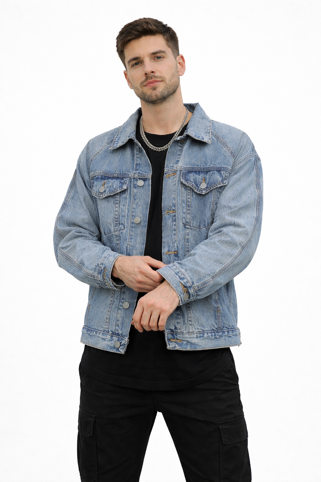 Men’s Button Front Blue Denim Jacket for Street Wear