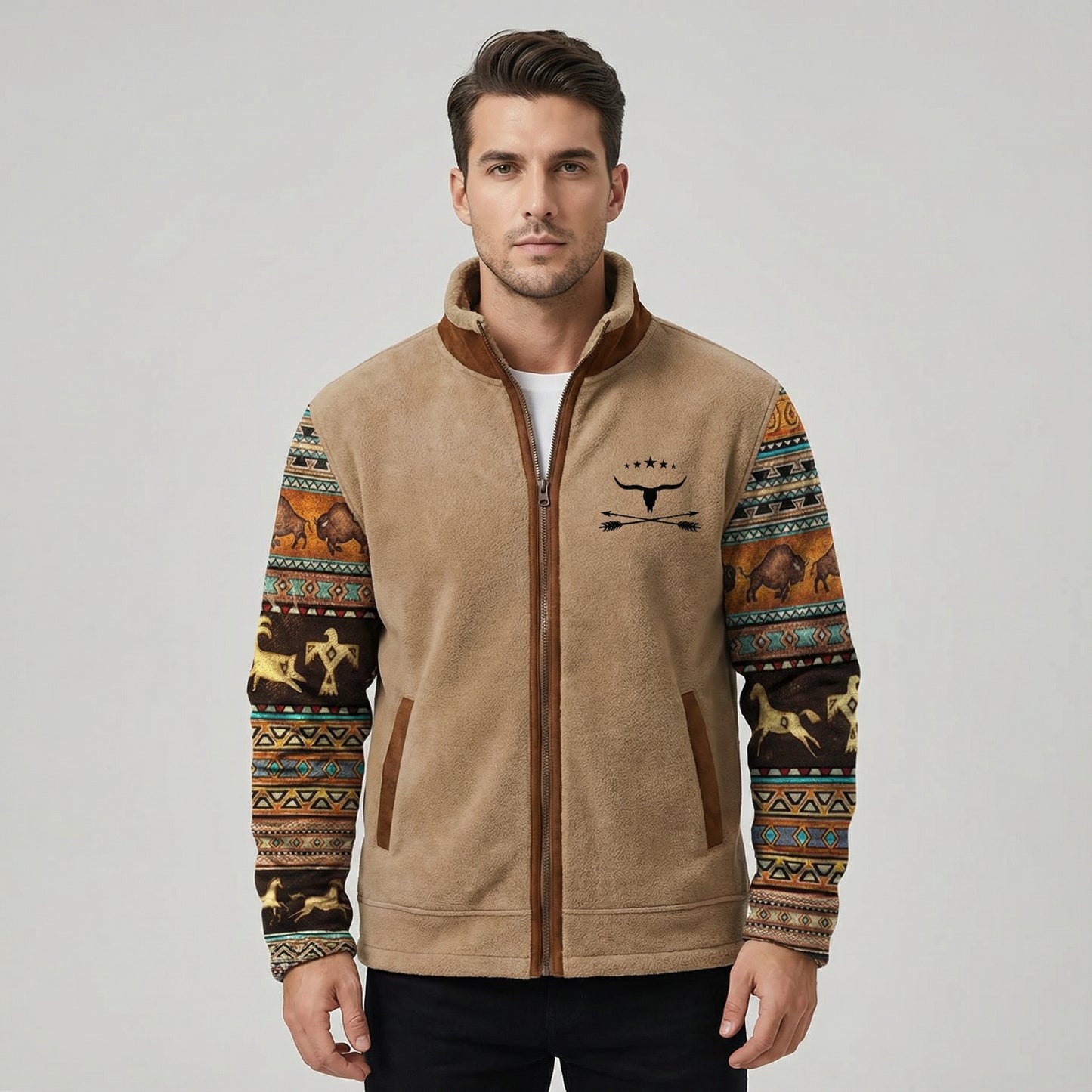 Men’s Fleece-Lined Zip Jacket With Patterned Sleeves