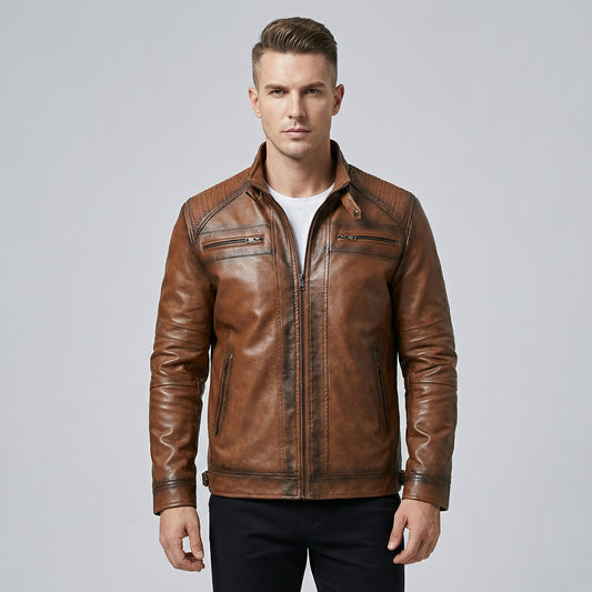 Men’s Brown Coated Textile Zip Jacket with Structured Seam Detailing High Collar