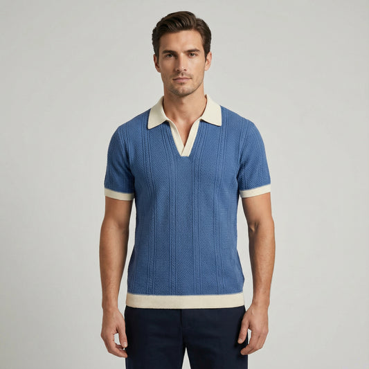 Men’s Blue Knit Short Sleeve Polo Shirt With Open Collar Design