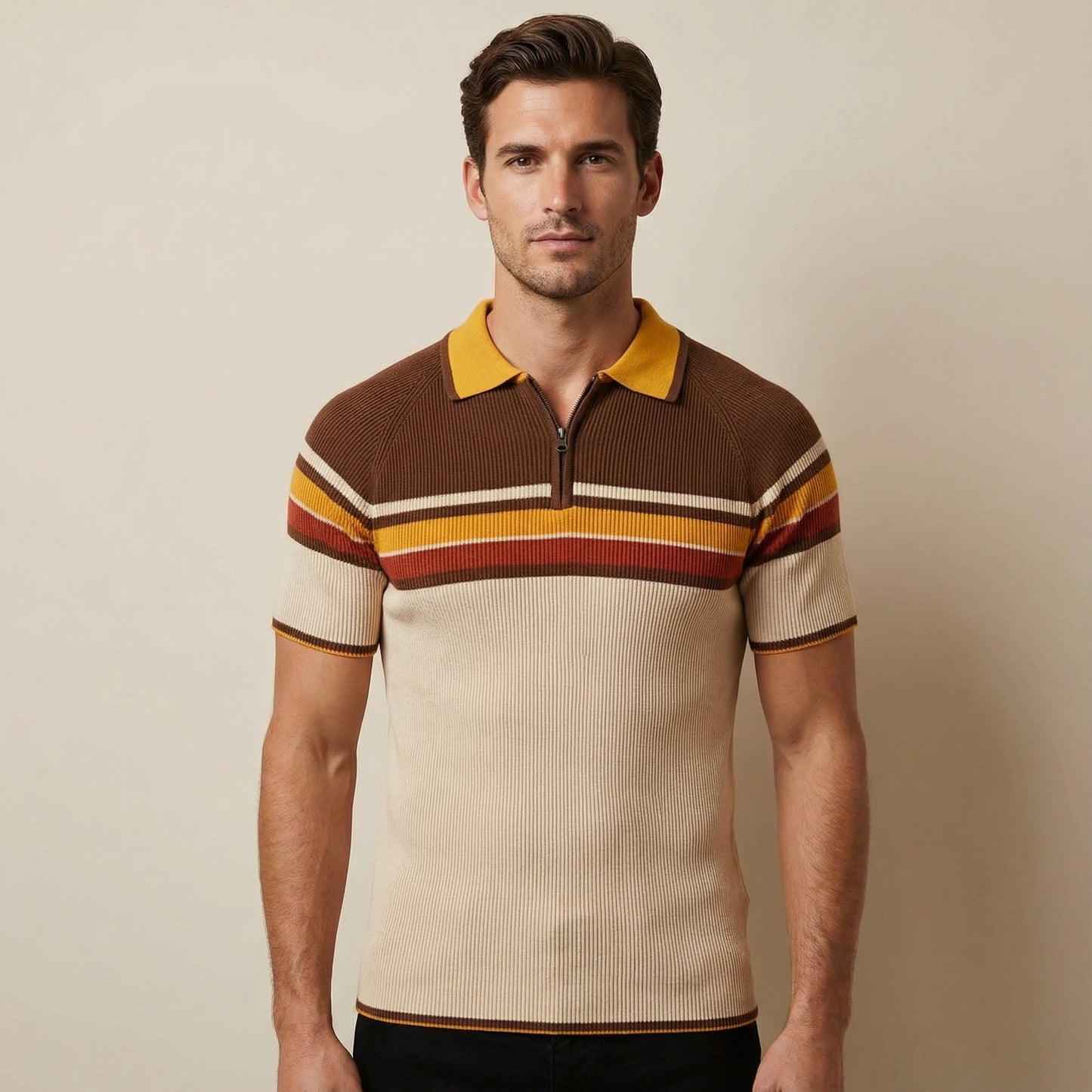Men’s Cream Knit Short Sleeve Polo Shirt With Horizontal Stripe Pattern And Zip Collar