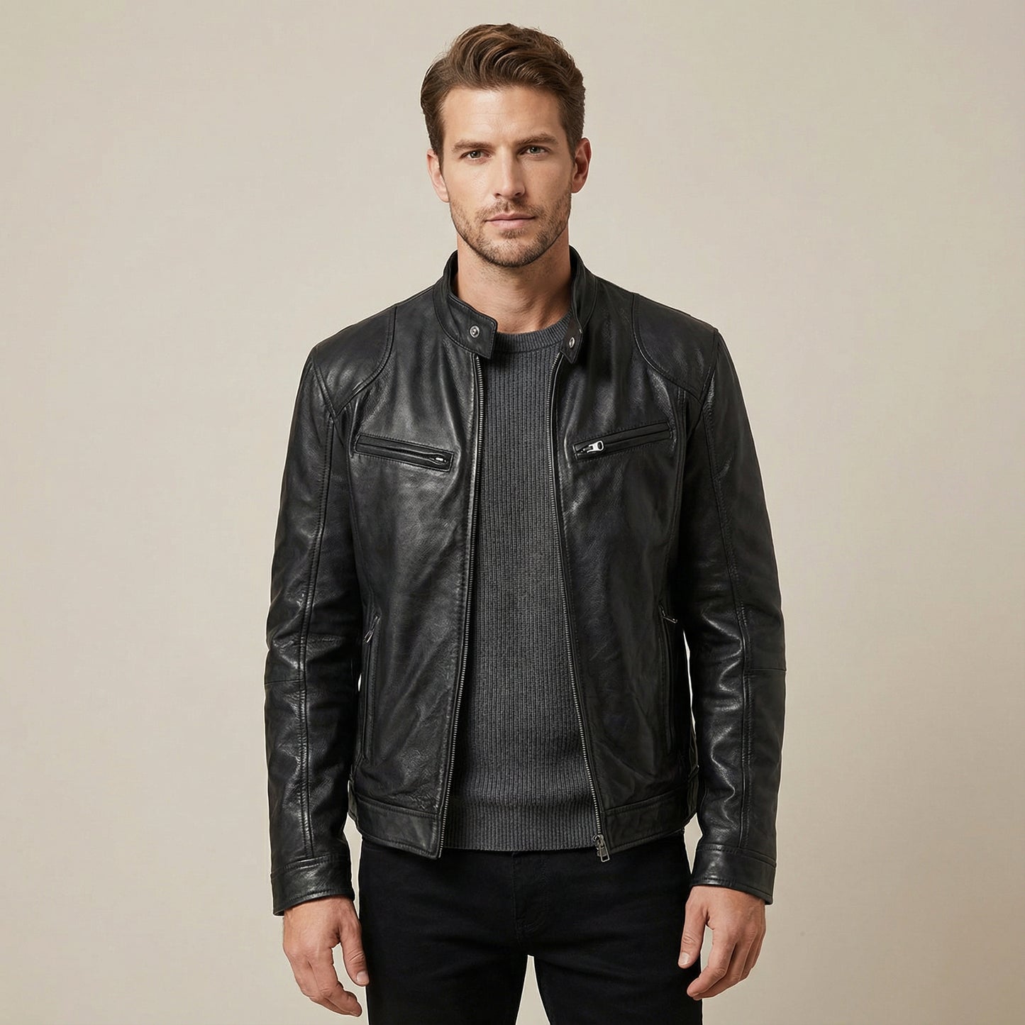 Men’s Black Coated Textile Zip Jacket