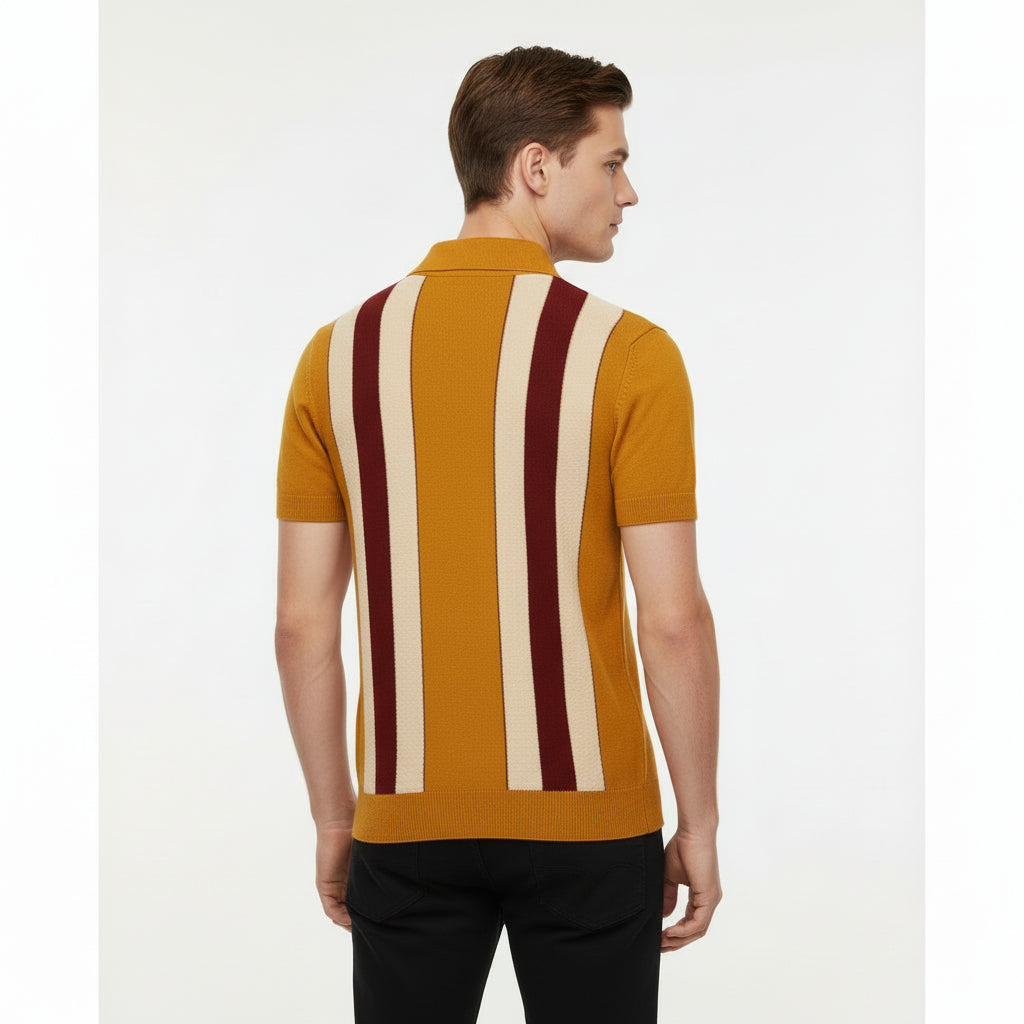 Retro Knit Vertical Stripe Polo Shirt – Short Sleeve Button Collar