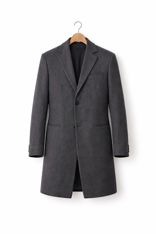 Men’s Structured Wool Blend Long Coat with Notched Collar