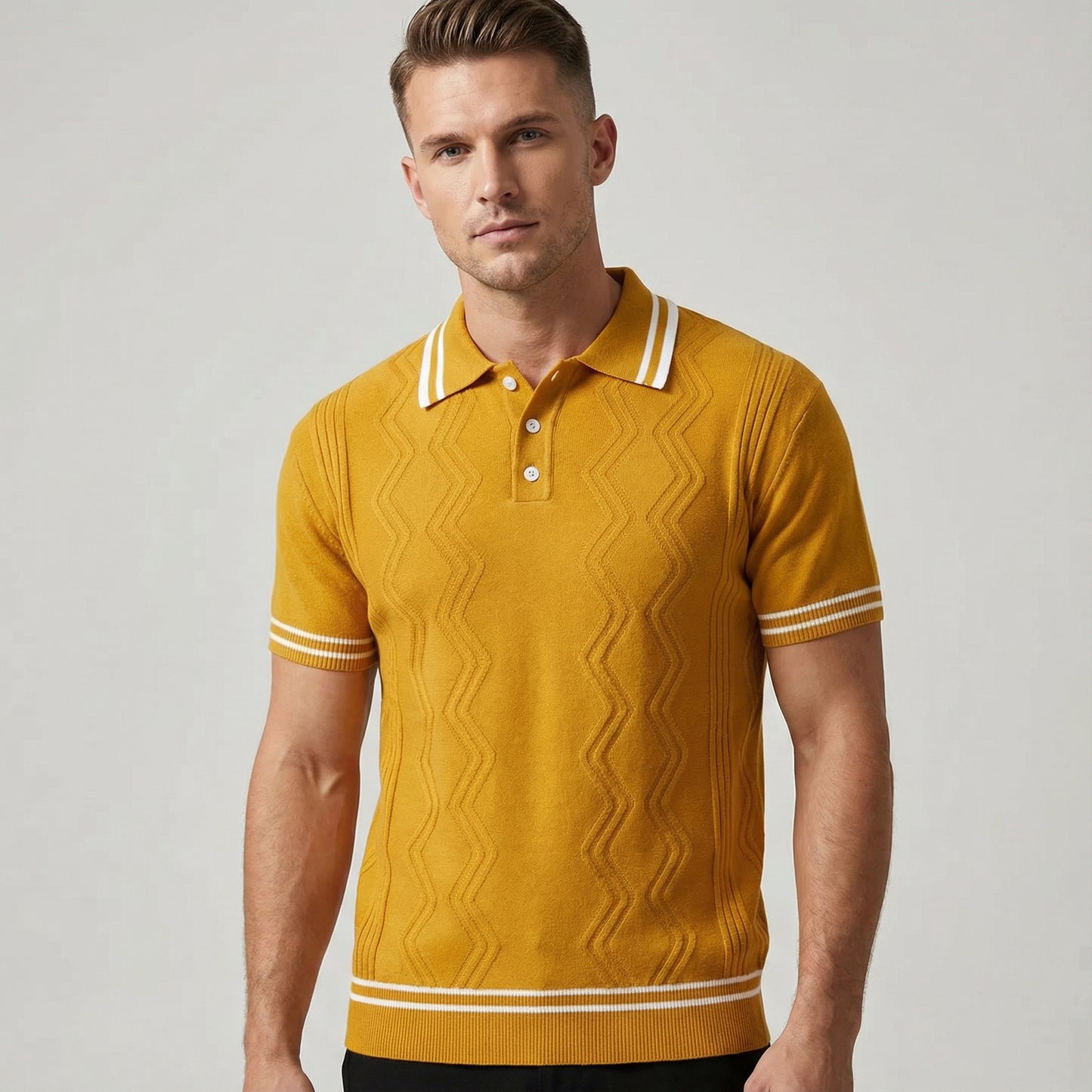 Men’s Mustard Knit Short Sleeve Polo Shirt With Textured Pattern And Contrast Trim