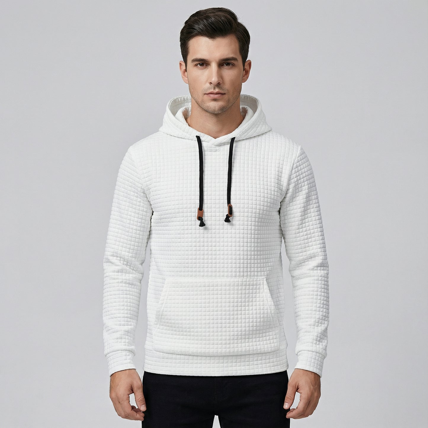 Men’s Long Sleeve Textured Hooded Knit Top With Drawstrings