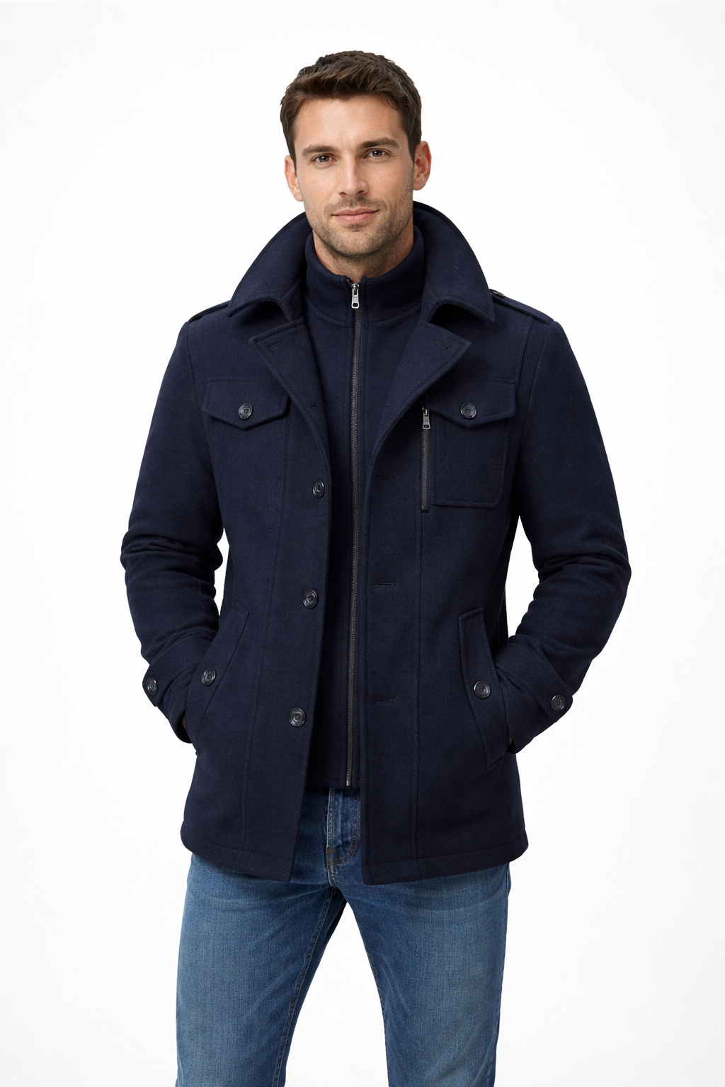Men’s Wool Zip-Front Stand Collar City Jacket with Layered Inner Panel