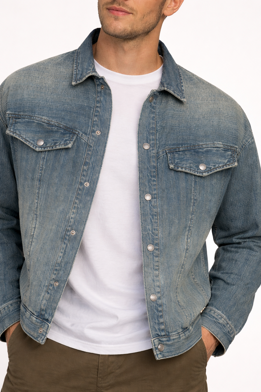 Men’s Faded Blue Denim Jacket for Street Wear