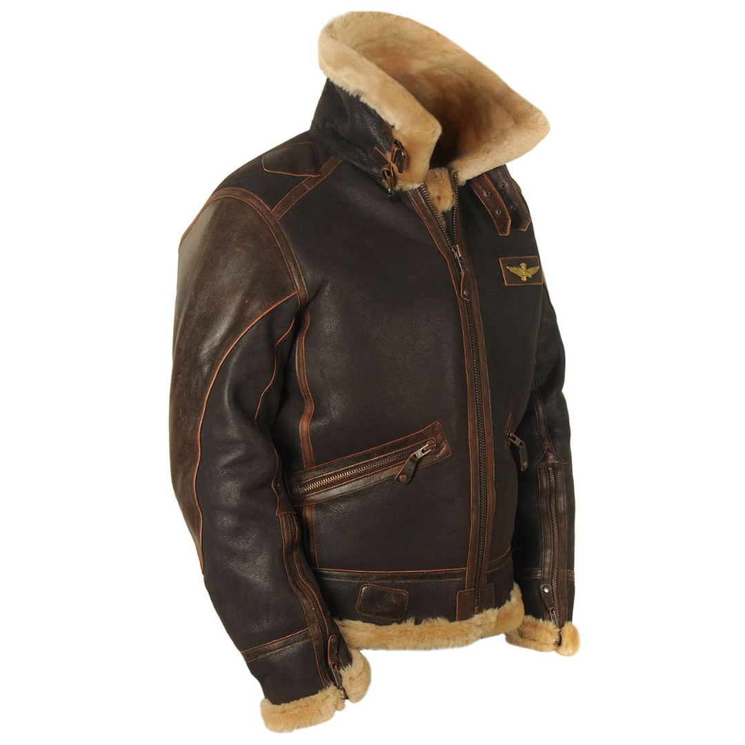 Men’s Dark Coated Textile Aviator Jacket with Shearling Style Collar