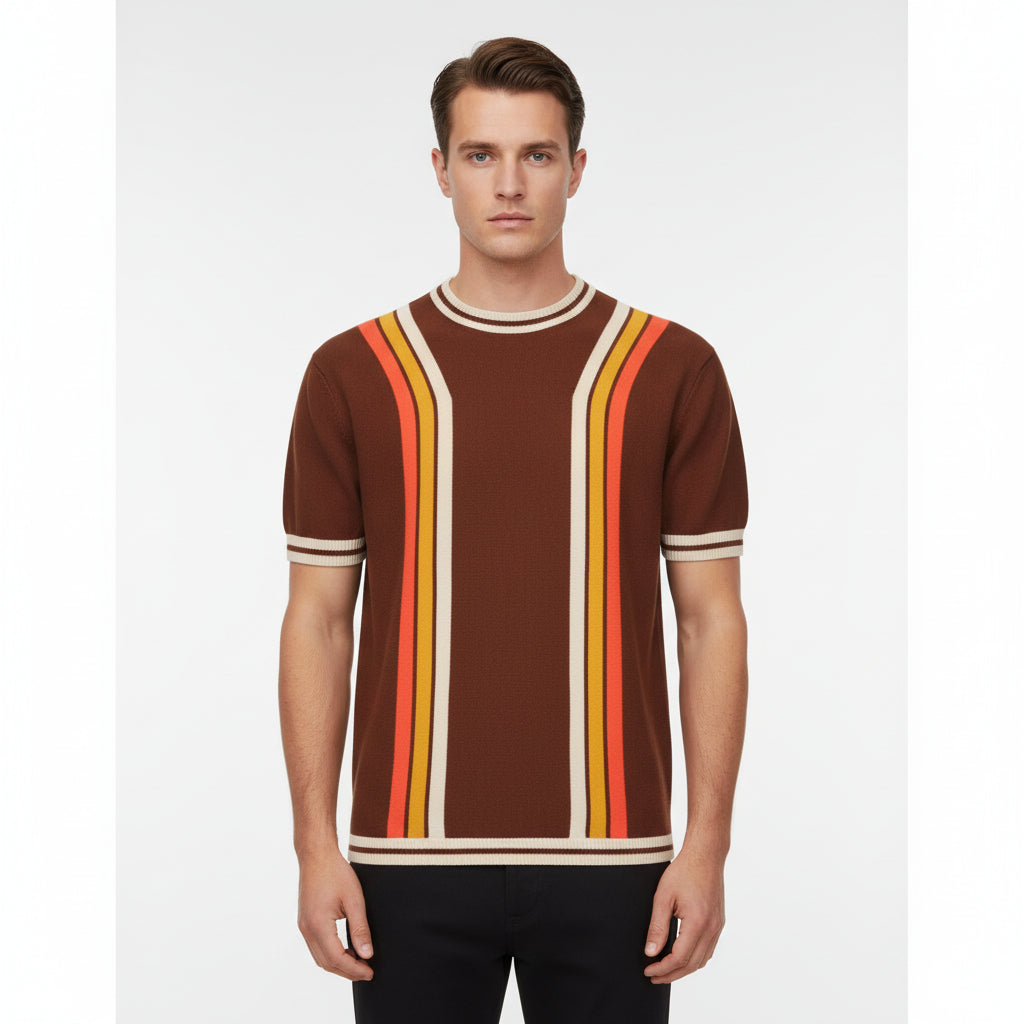 Retro Knit Vertical Stripe Tee – Short Sleeve Crew Neck