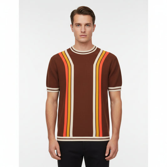 Retro Knit Vertical Stripe Tee – Short Sleeve Crew Neck