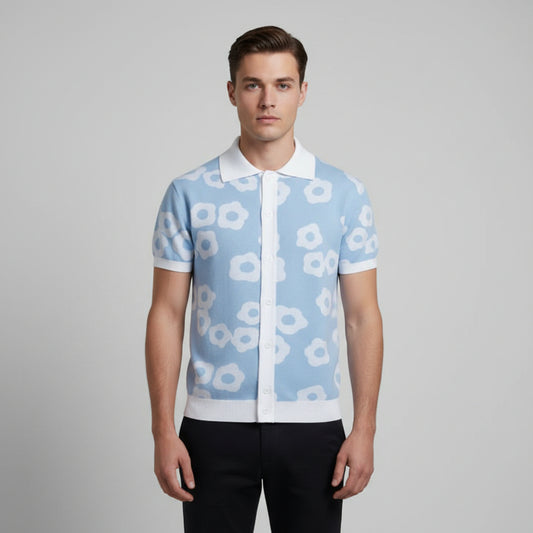 Retro Knit Floral Polo Shirt – Short Sleeve Button Front
