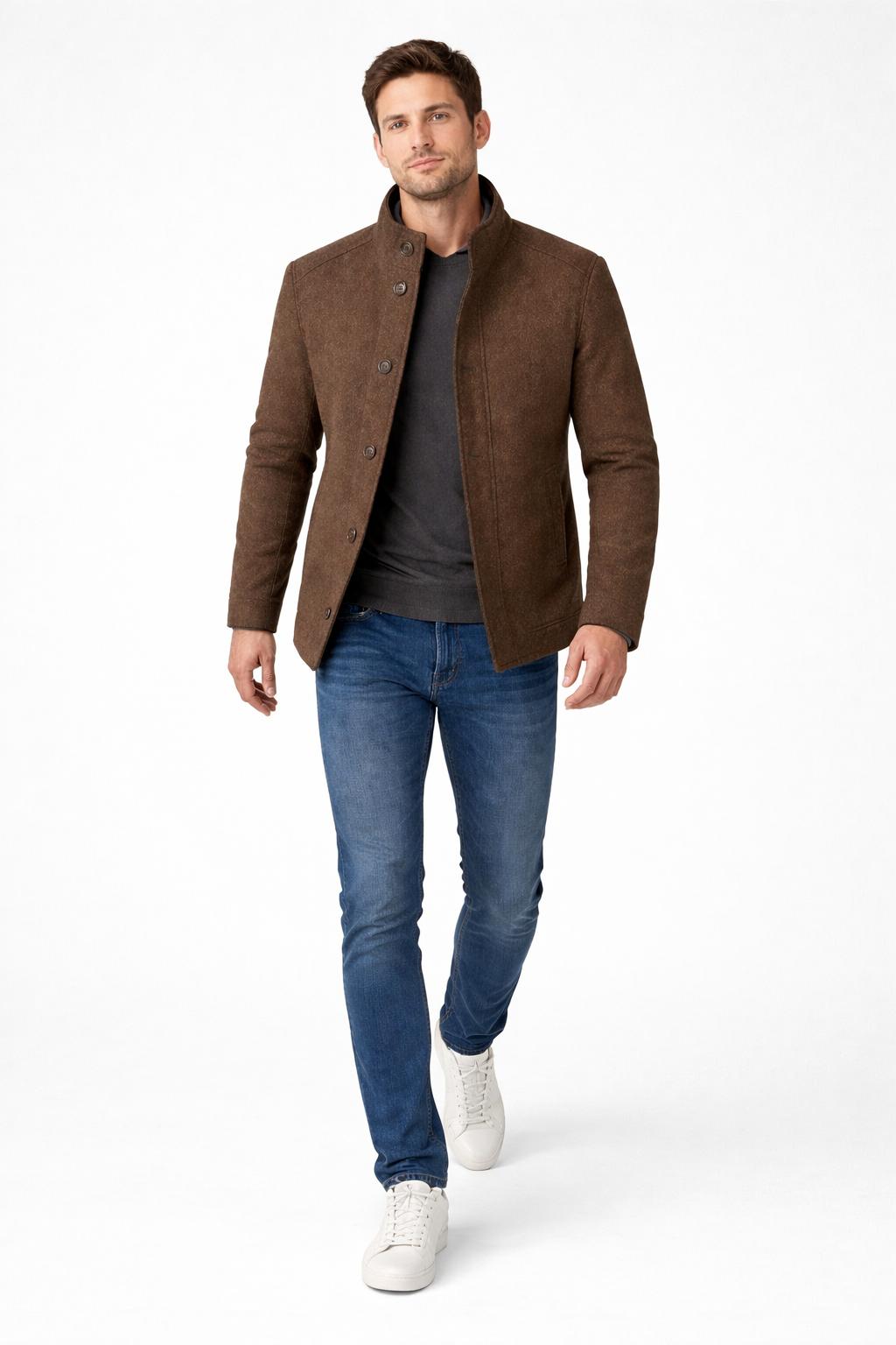 Men’s Wool Stand Collar City Jacket with Quilted Inner Layer