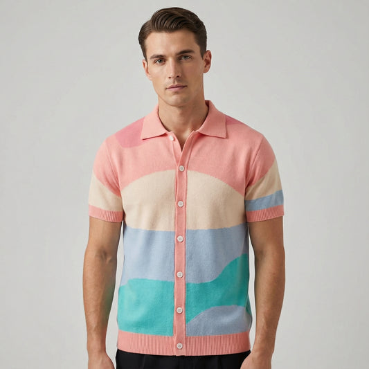 Men’s Multicolor Knitted Short Sleeve Polo Shirt With Button Front