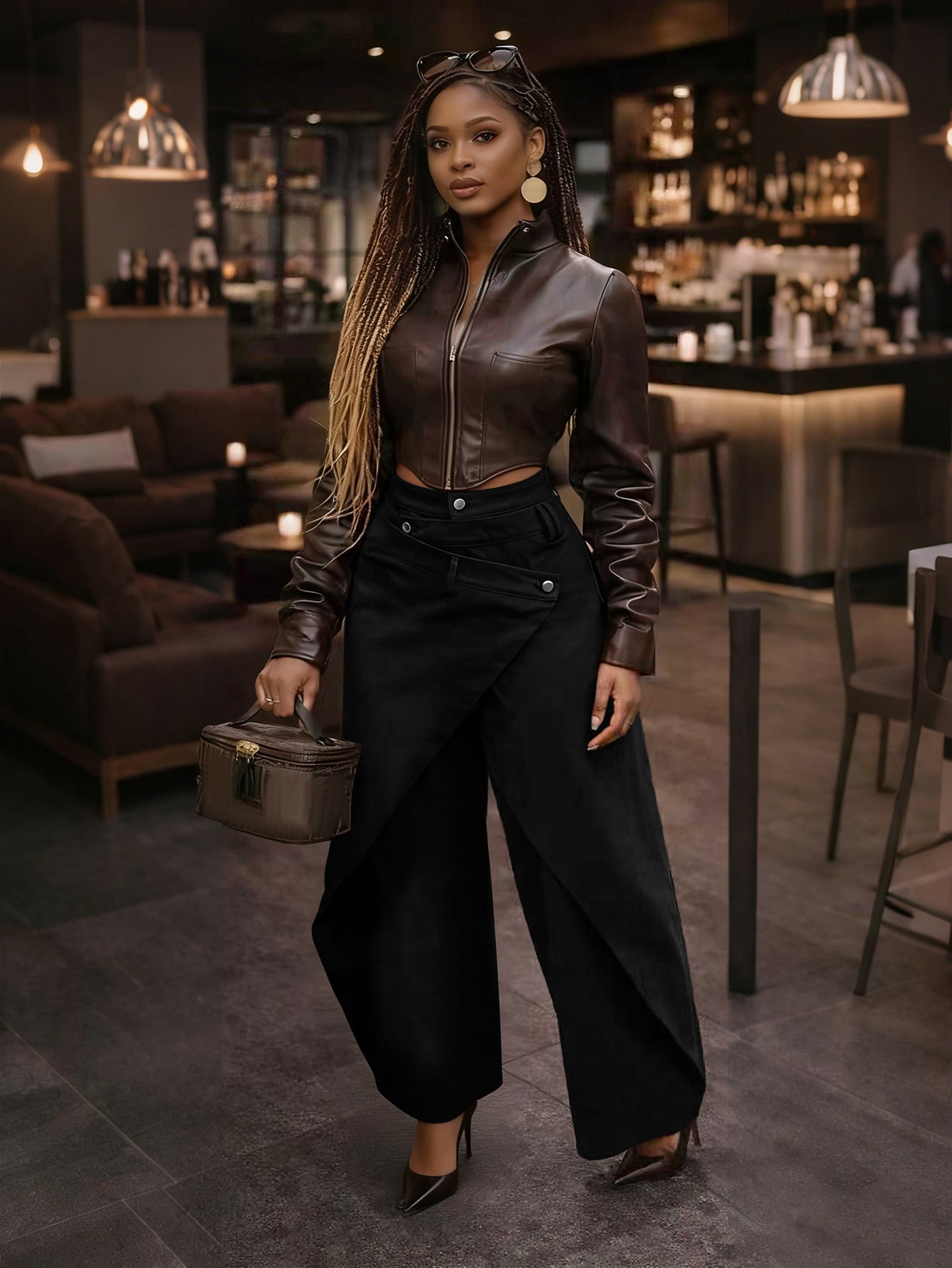 Retro High-waisted Cross-over Metal Buckle Irregular Wide-leg Pants