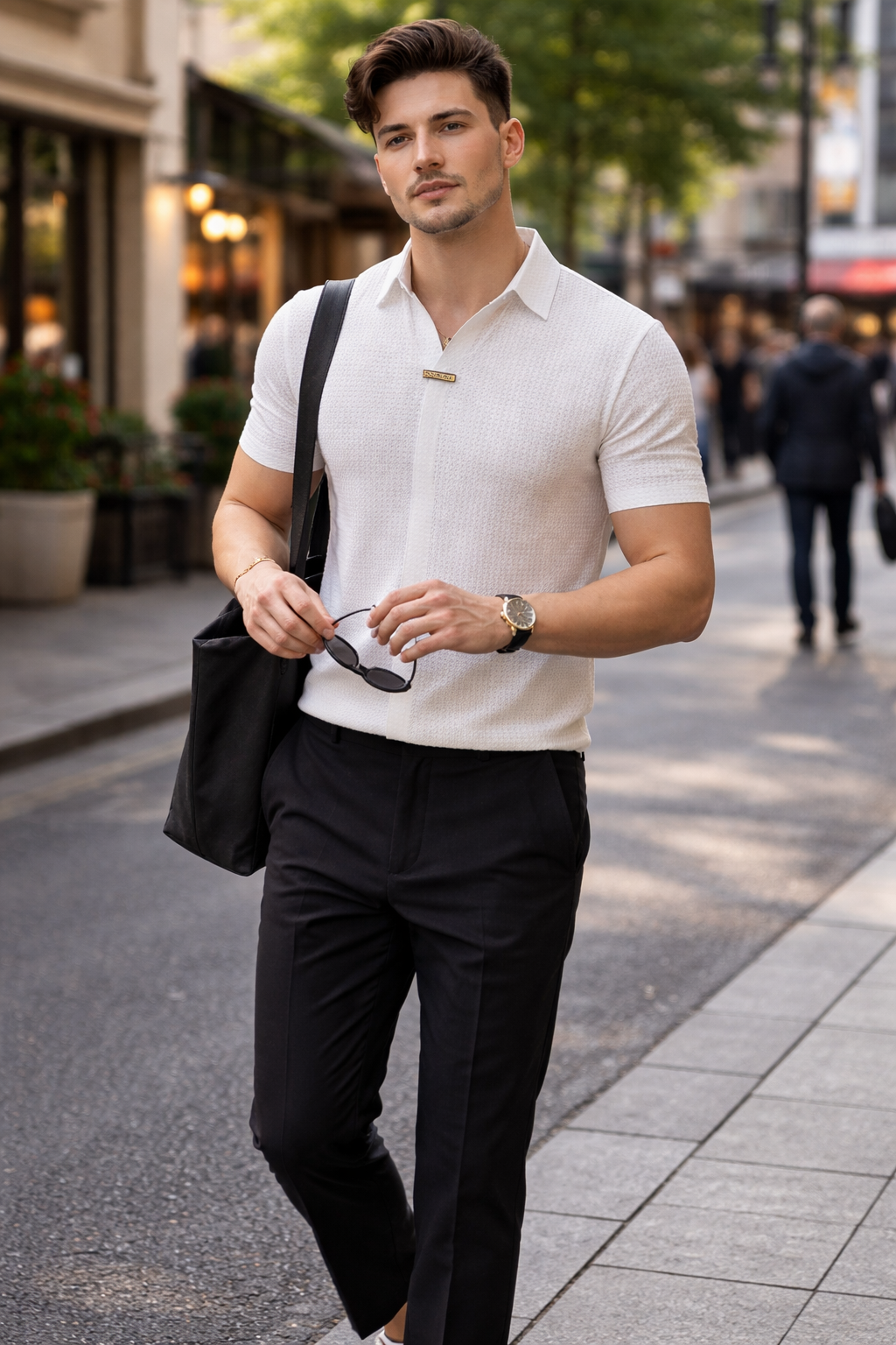 Stretch Waffle Pattern Polo Shirt