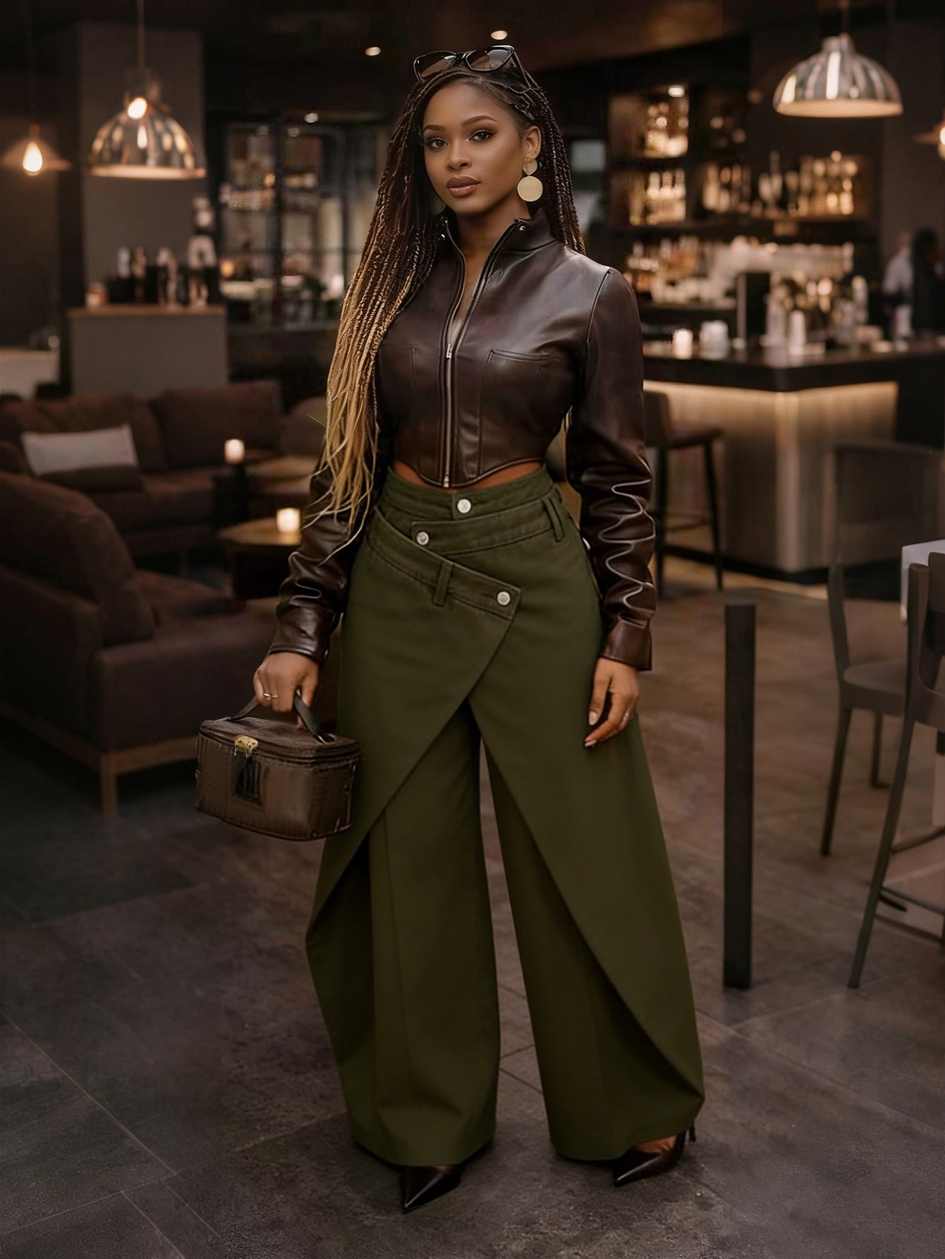 Retro High-waisted Cross-over Metal Buckle Irregular Wide-leg Pants