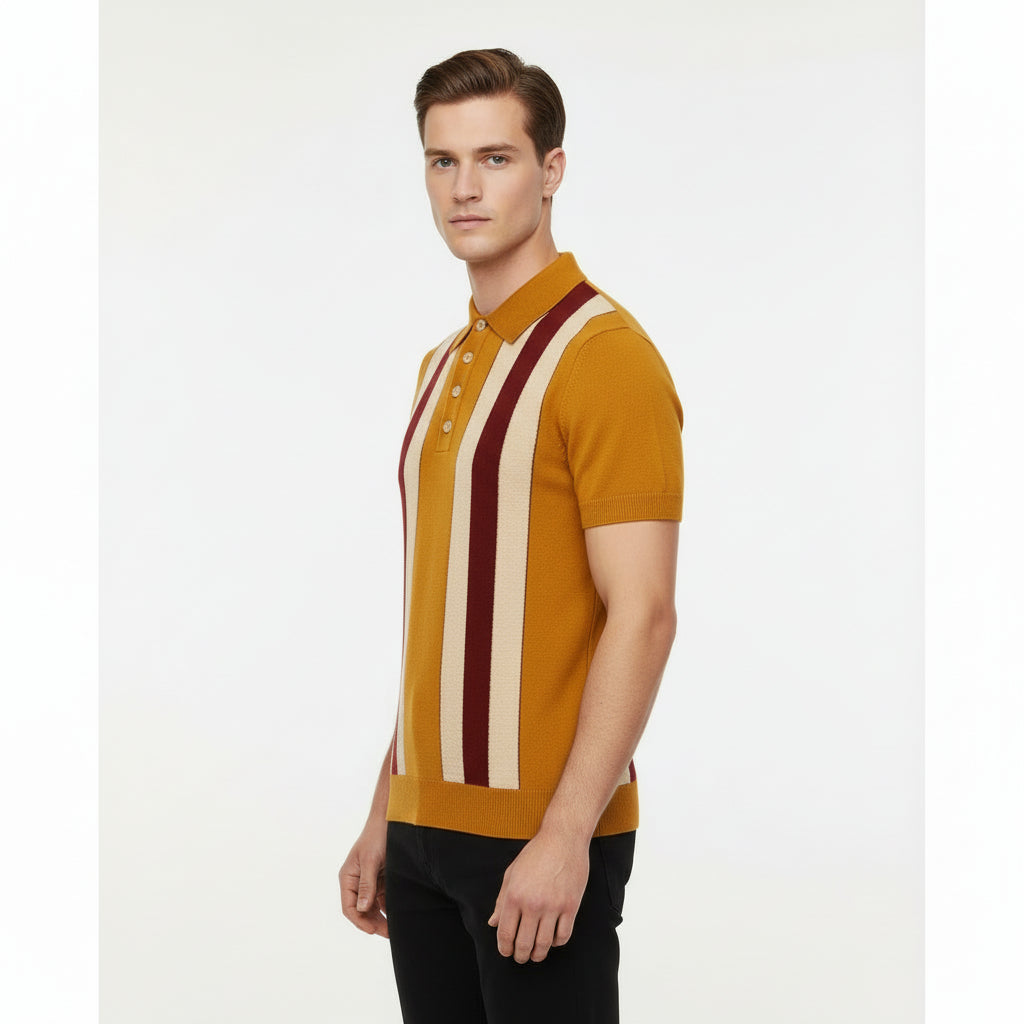 Retro Knit Vertical Stripe Polo Shirt – Short Sleeve Button Collar