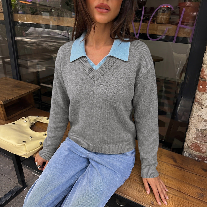 New AutumnWinter Casual Color-Block Long-Sleeved Sweater For Women