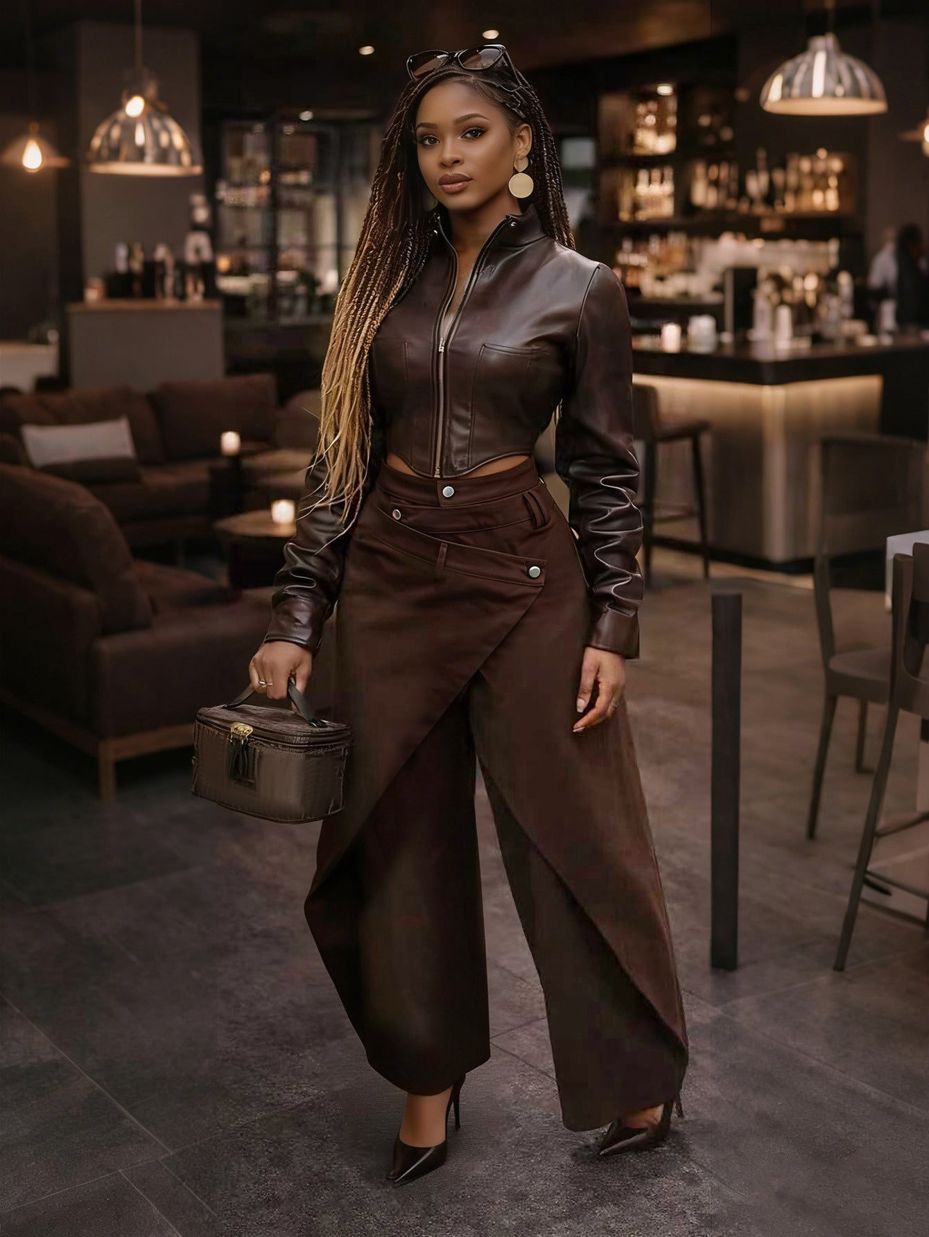 Retro High-waisted Cross-over Metal Buckle Irregular Wide-leg Pants