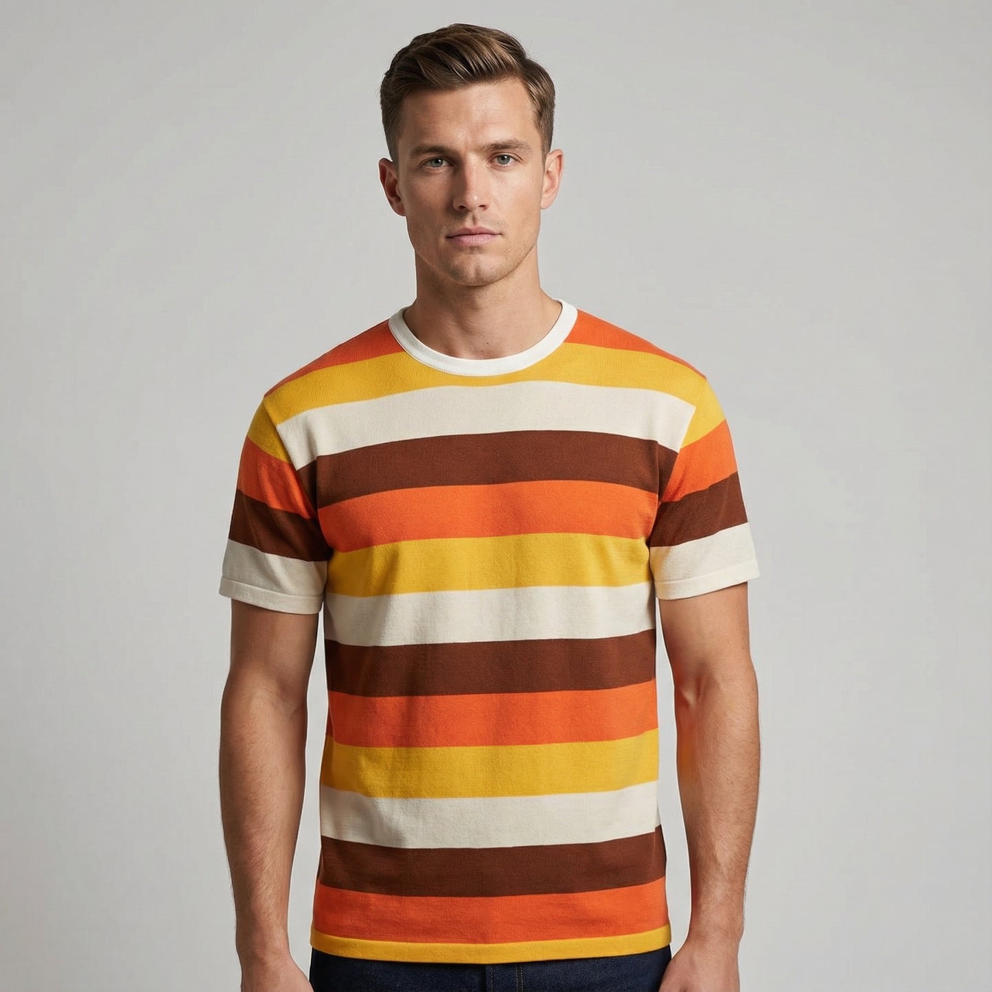 Men’s Retro Knit Short Sleeve T-Shirt With Horizontal Stripe Pattern