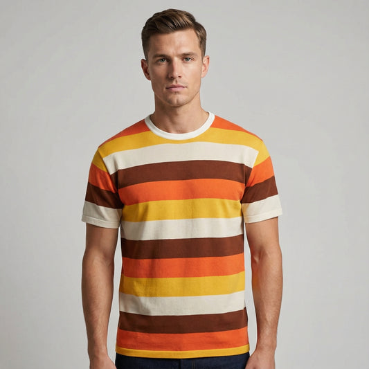 Men’s Retro Knit Short Sleeve T-Shirt With Horizontal Stripe Pattern