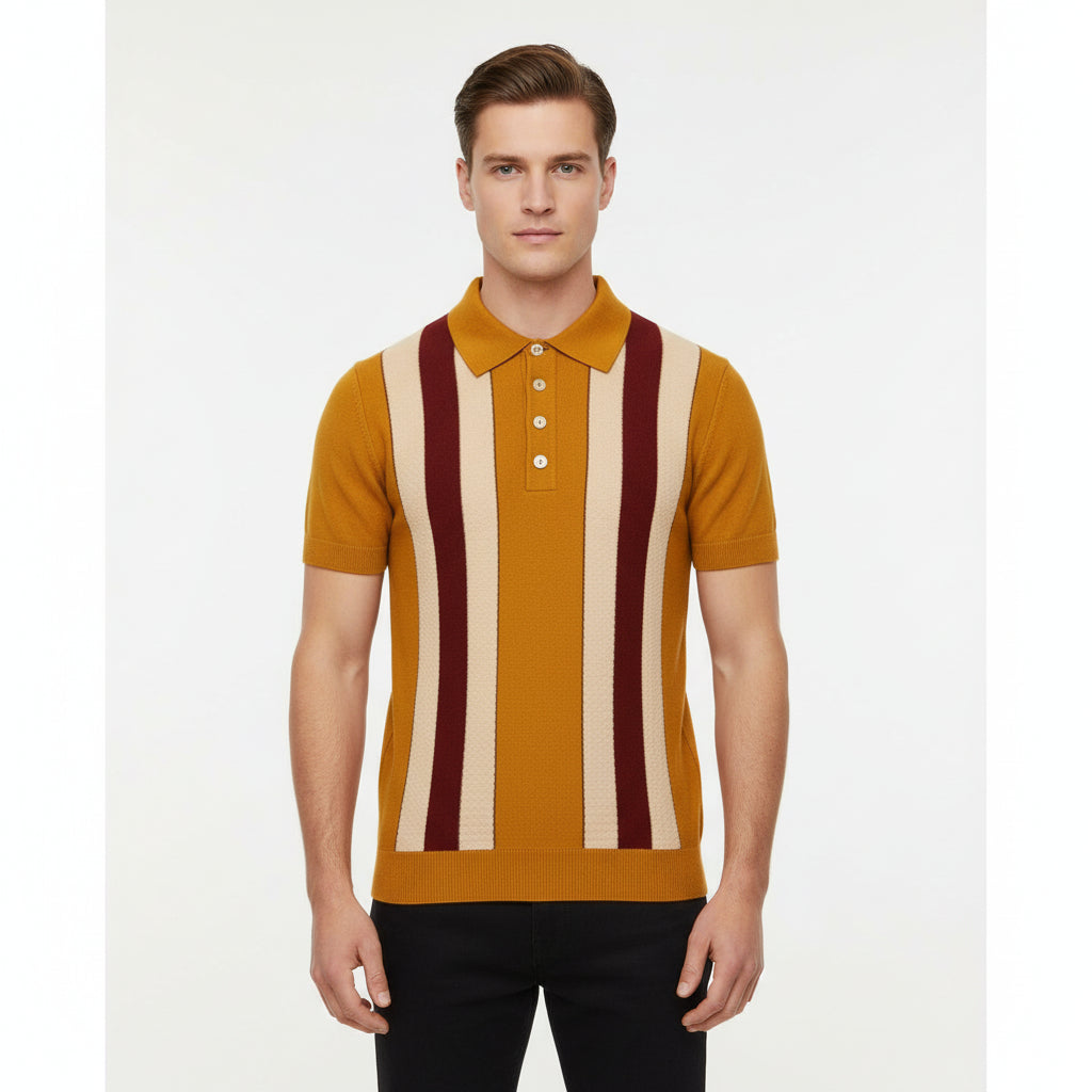 Retro Knit Vertical Stripe Polo Shirt – Short Sleeve Button Collar