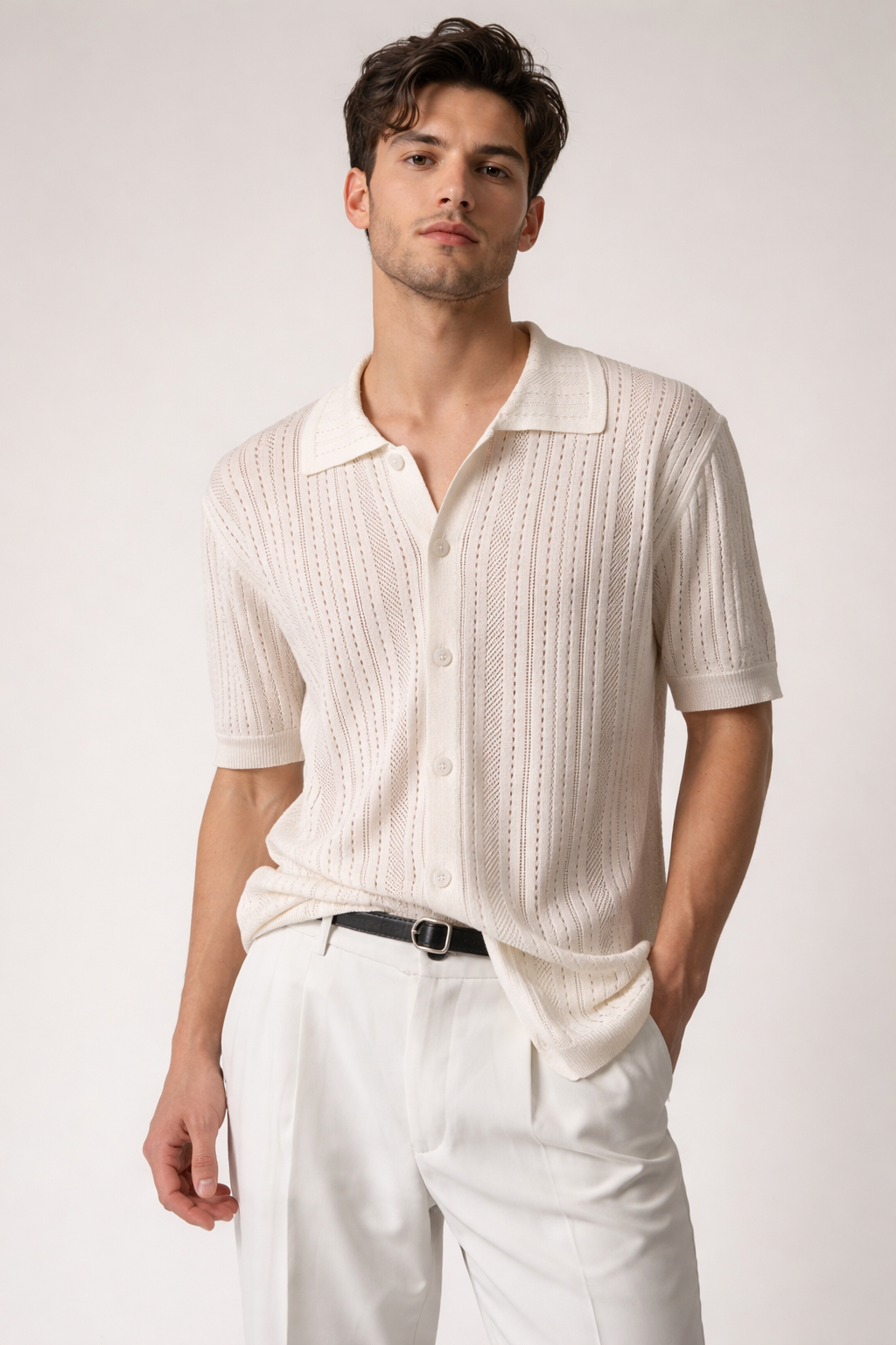 Ivory Strand Open-Knit Button Shirt