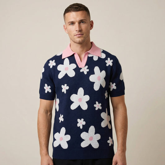 Men’s Navy Knit Short Sleeve Polo Shirt With Floral Pattern And Contrast Pink Collar