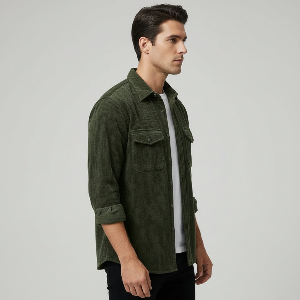 Men’s Corduroy Long Sleeve Button Up Shirt With Chest Pockets