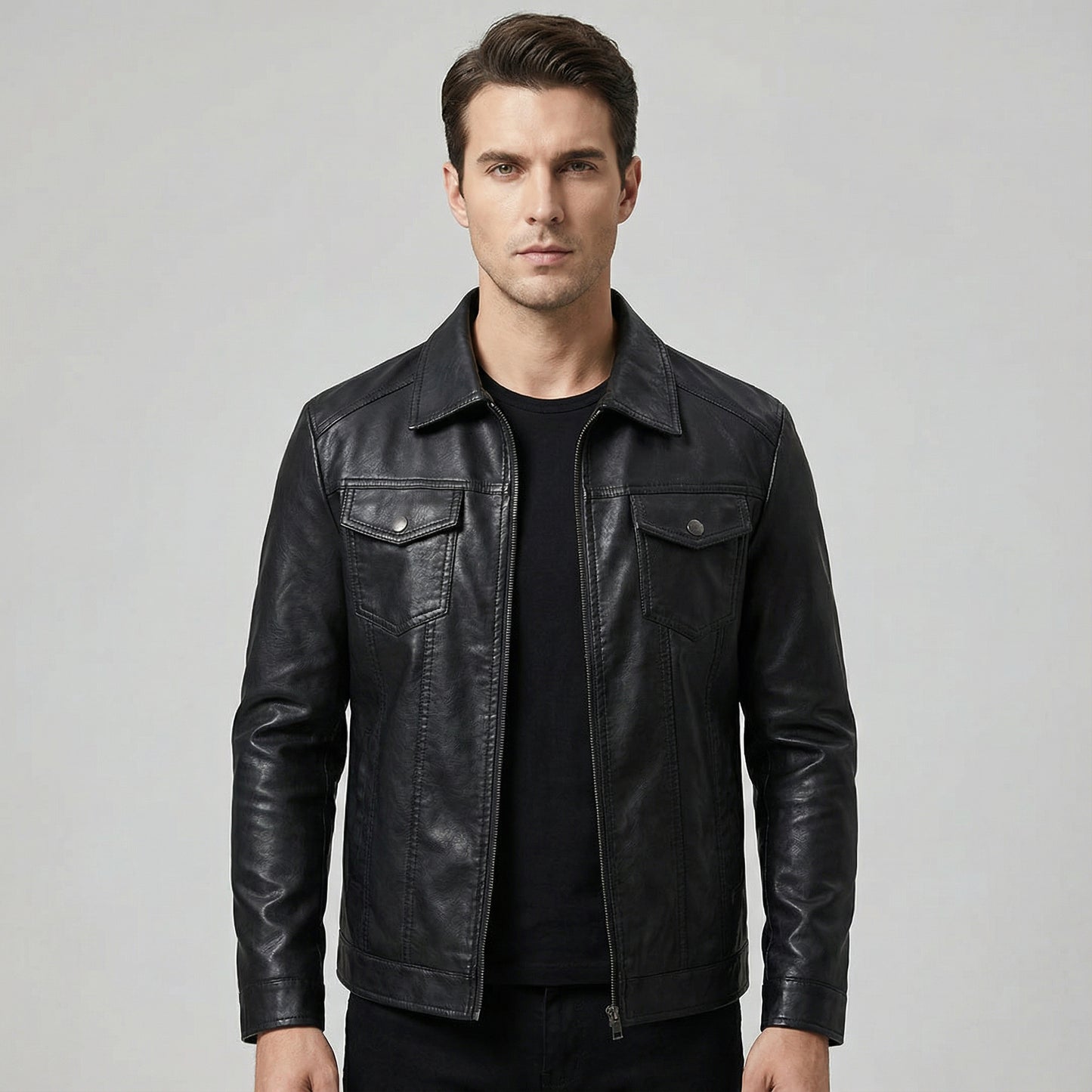 Men’s Black Coated Textile Zip Jacket with Structured Panel