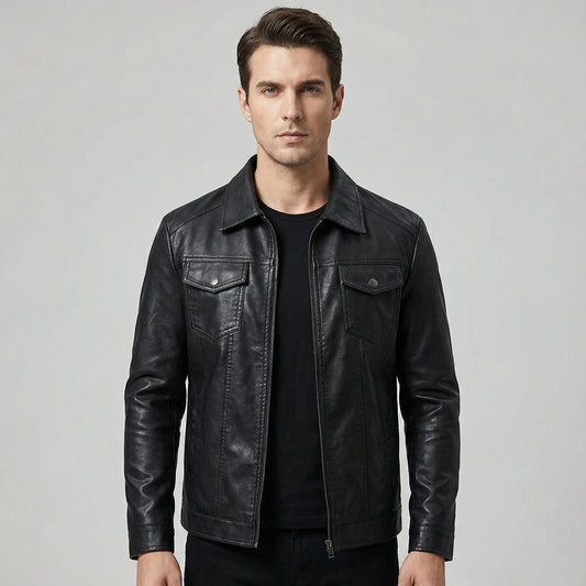 Men’s Black Coated Textile Zip Jacket with Structured Panel