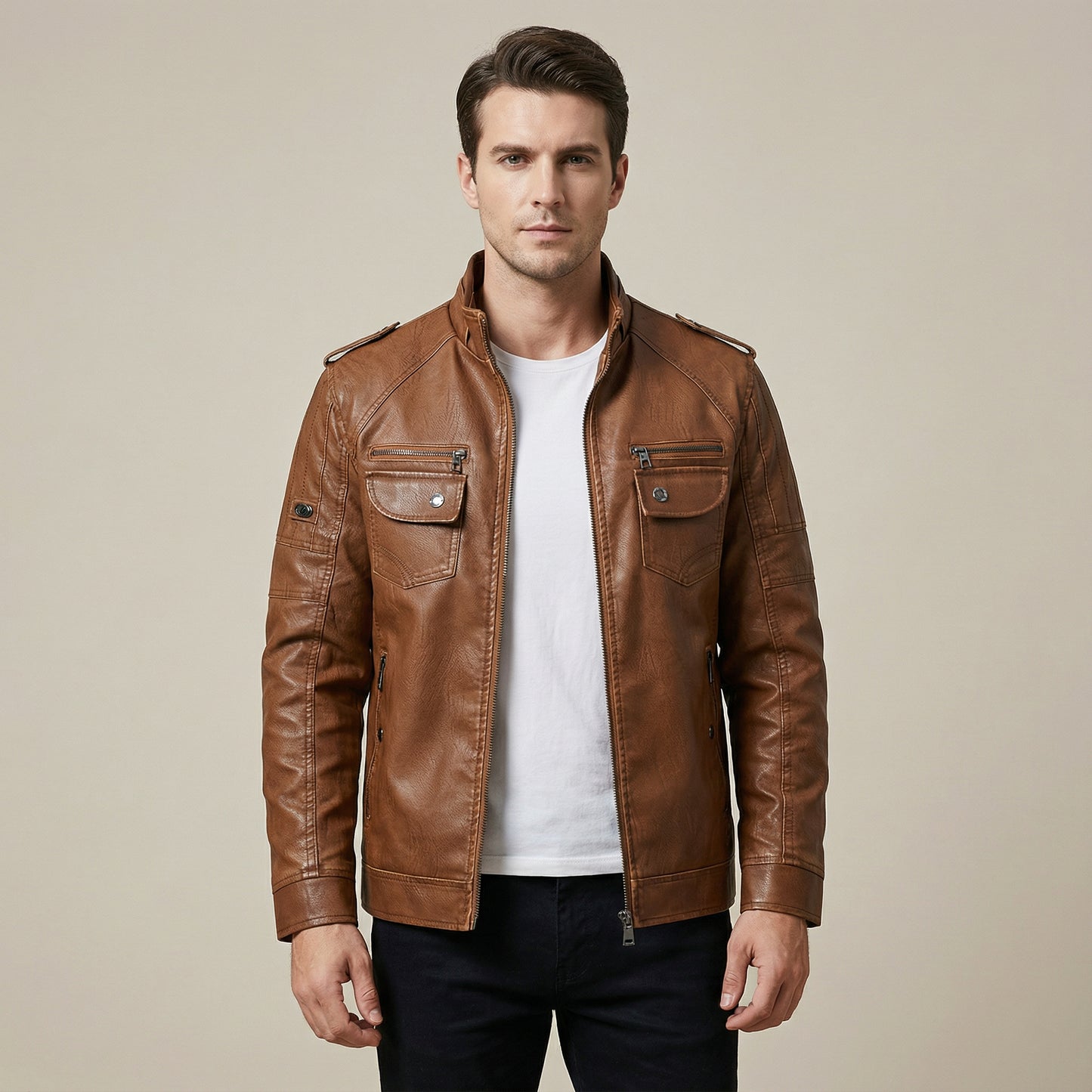 Men’s Brown Coated Textile Field Zip Jacket with Multi Pocket Design