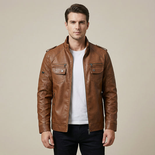Men’s Brown Coated Textile Field Zip Jacket with Multi Pocket Design