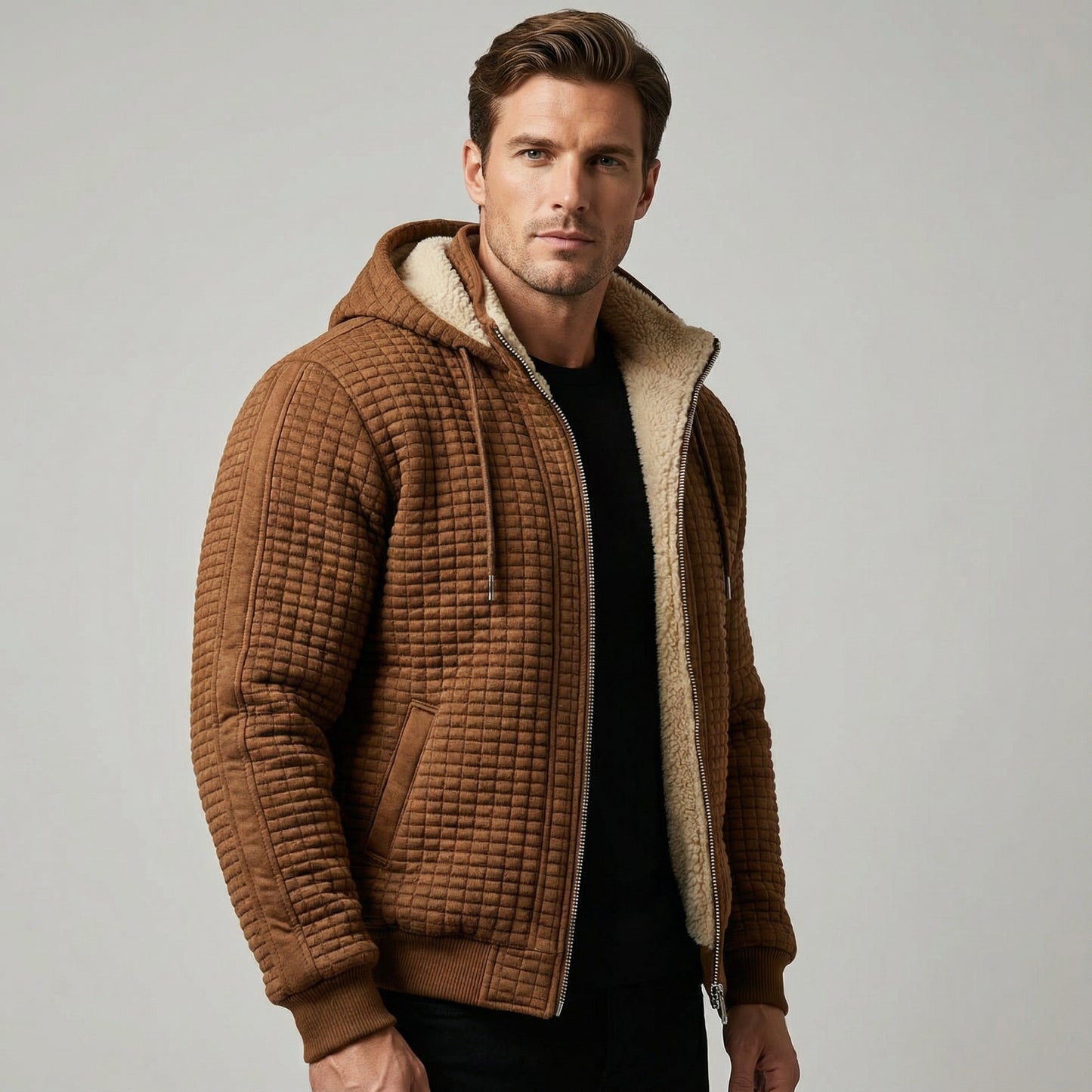 Men’s Quilted Coated Textile Jacket with Shearling Style Inner Lining