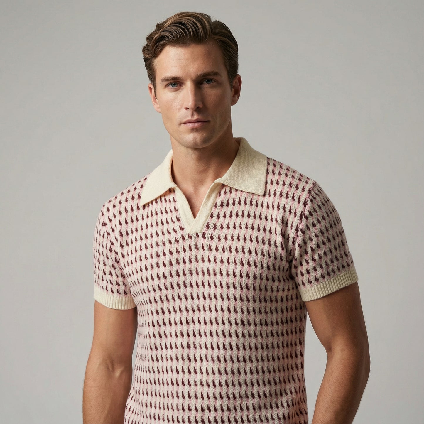 Men’s Patterned Knitted Polo Shirt With Open Collar