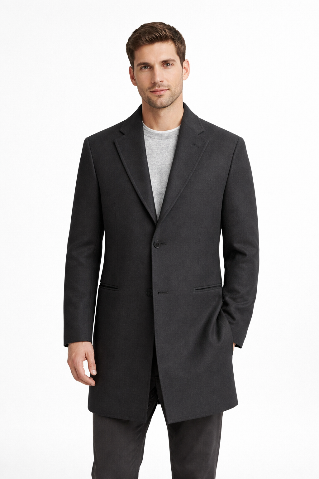 Men’s Structured Long Overcoat with Clean Notched Collar