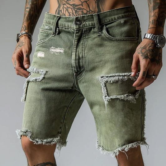 Men’s Denim Shorts With Straight Fit Worn Texture And Frayed Hem