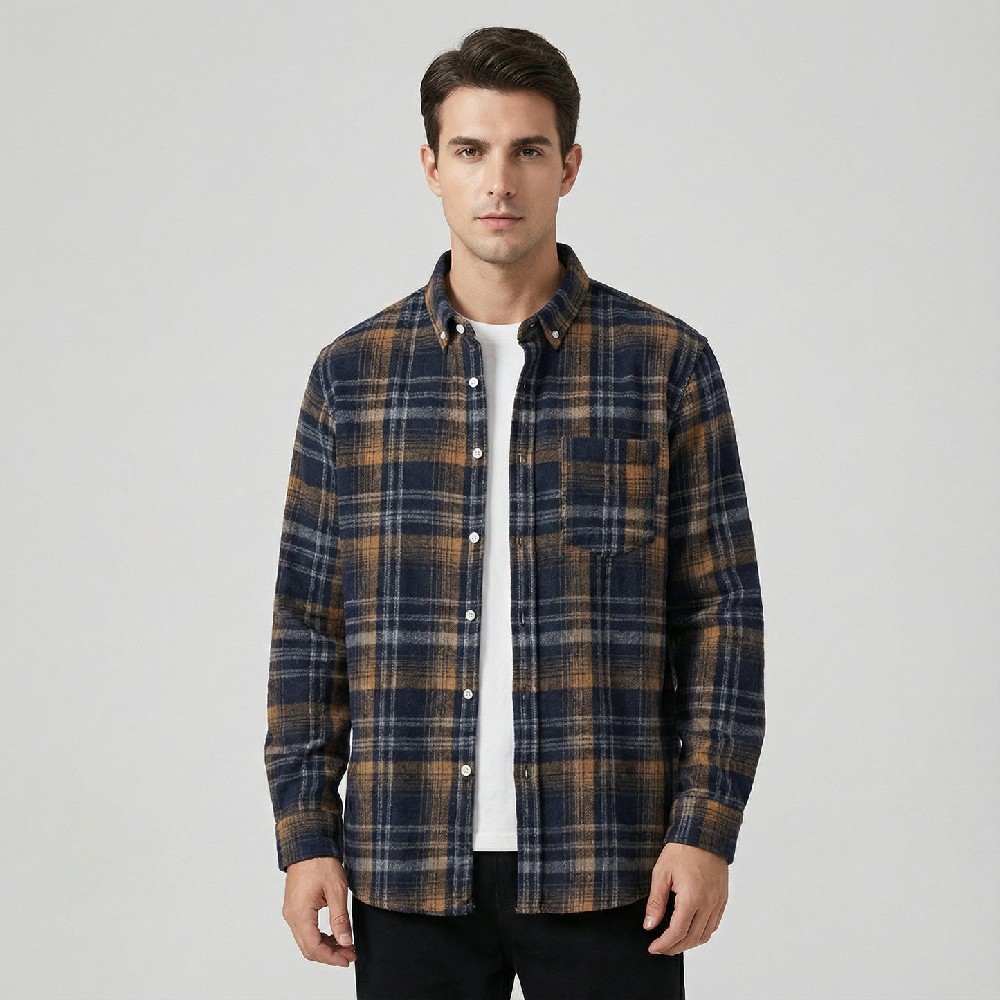 Men’s Plaid Long Sleeve Button Up Shirt With Chest Pocket