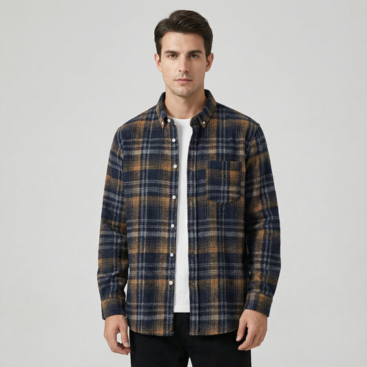 Men’s Plaid Long Sleeve Button Up Shirt With Chest Pocket
