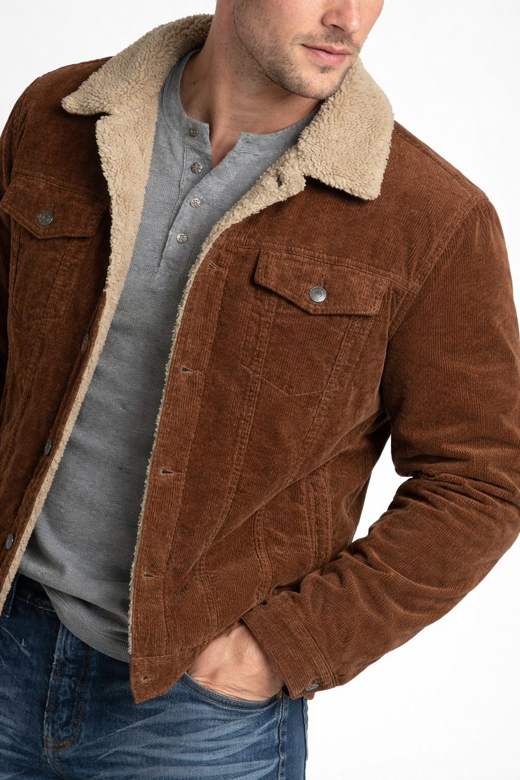 Men’s Corduroy Style Jacket with Sherpa Style Inner Lining