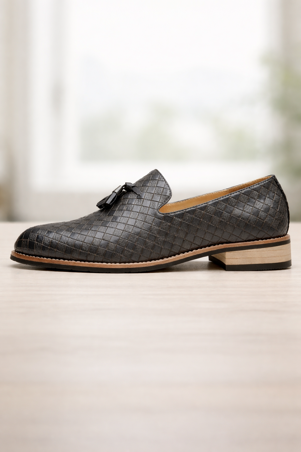 Woven Grid Tassel Slip-On Loafers