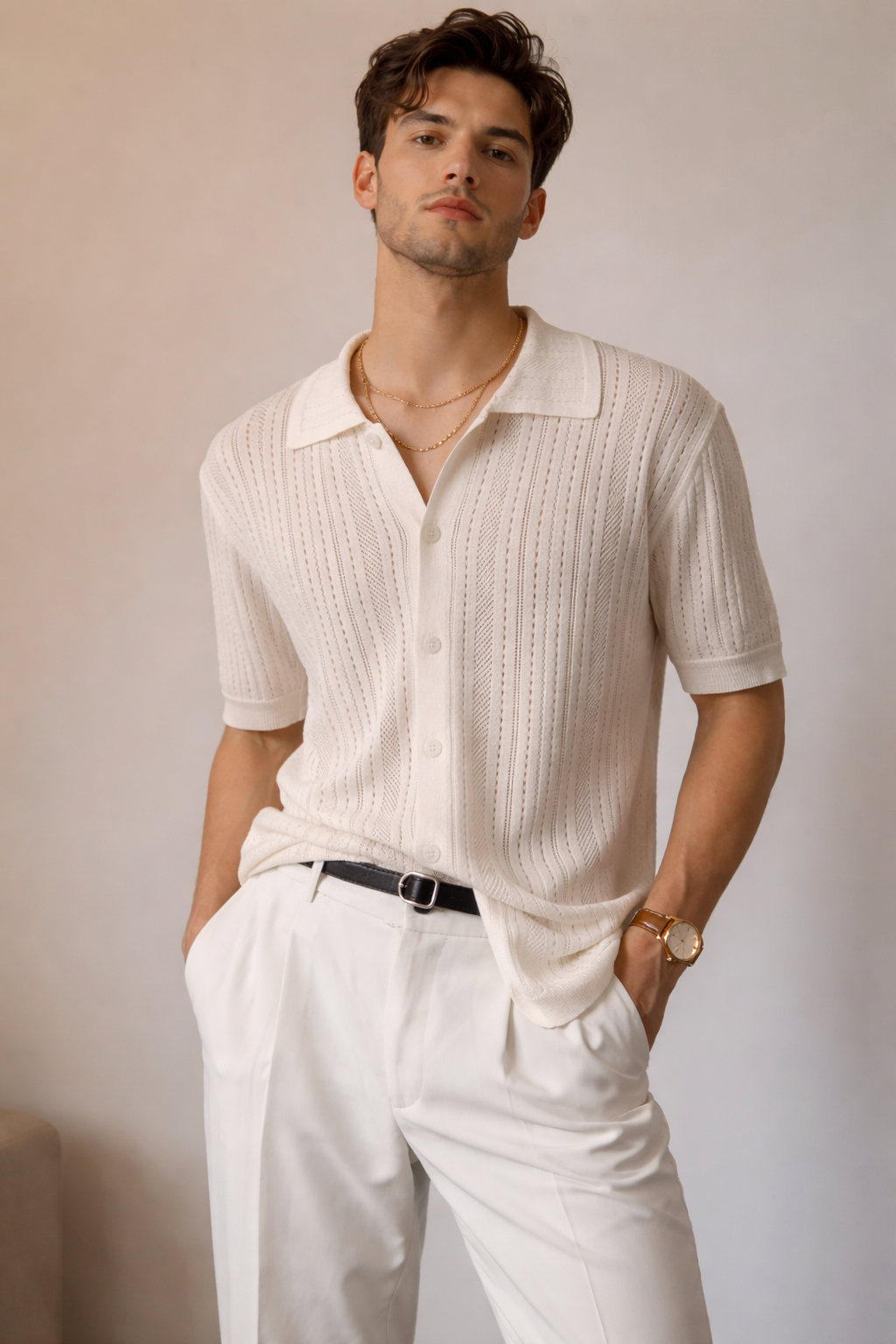 Ivory Strand Open-Knit Button Shirt
