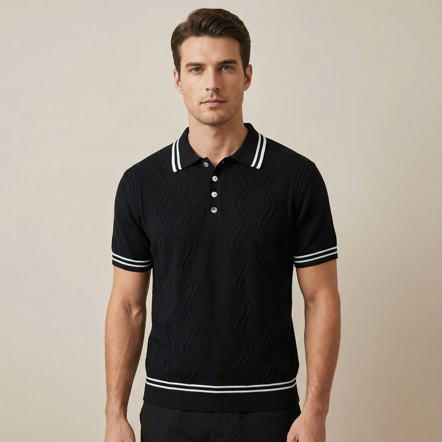 Men’s Black Knit Short Sleeve Polo Shirt With Textured Pattern