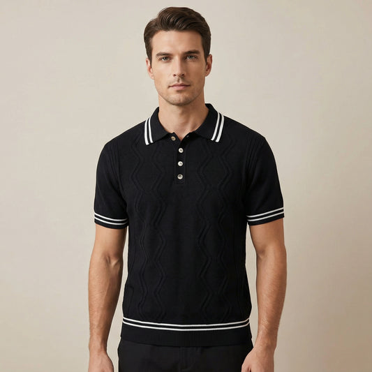 Men’s Black Knit Short Sleeve Polo Shirt With Textured Pattern