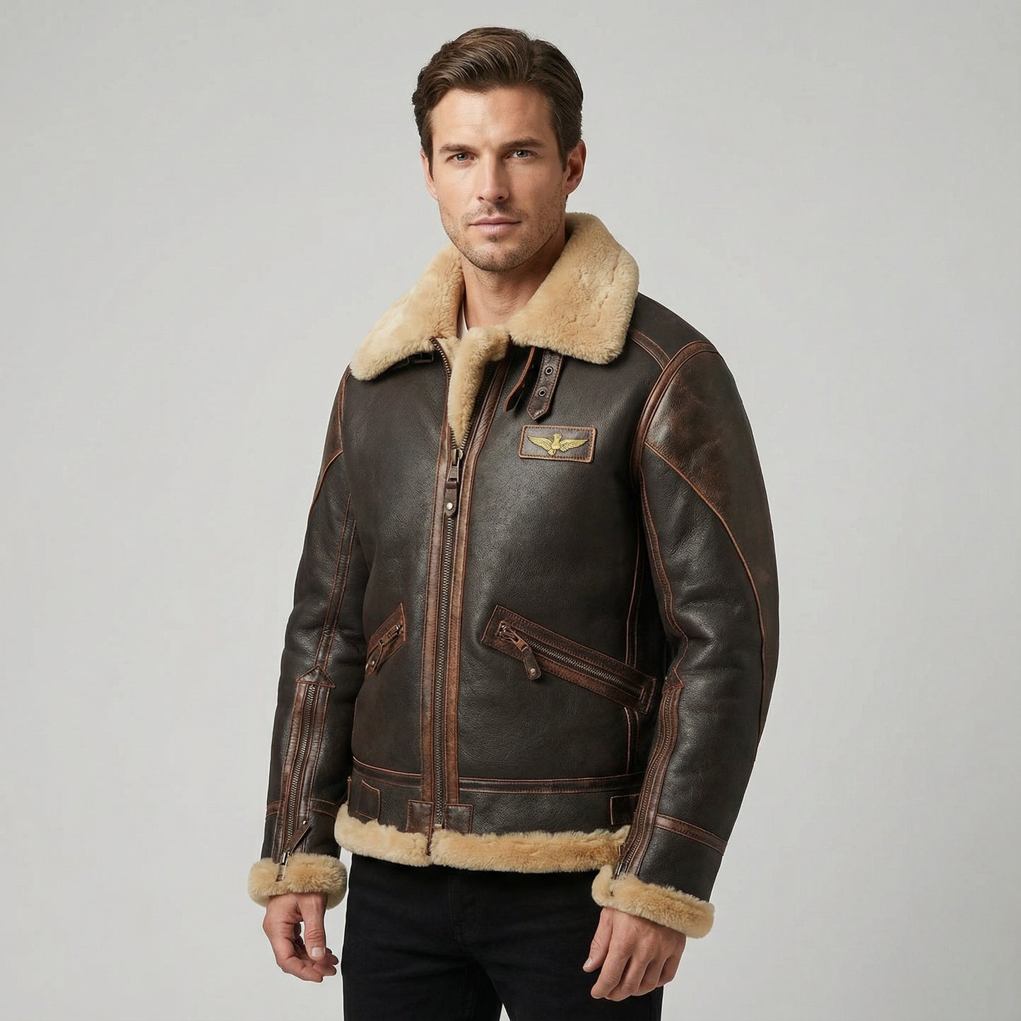 Men’s Dark Coated Textile Aviator Jacket with Shearling Style Collar