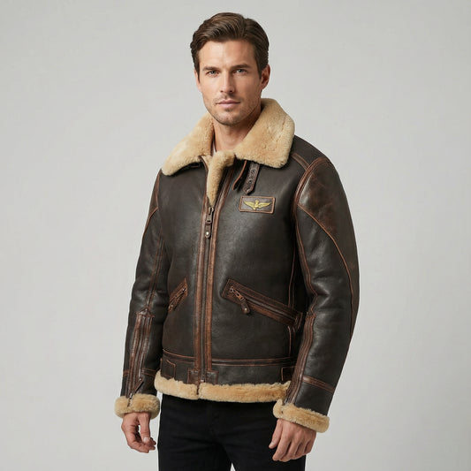 Men’s Dark Coated Textile Aviator Jacket with Shearling Style Collar