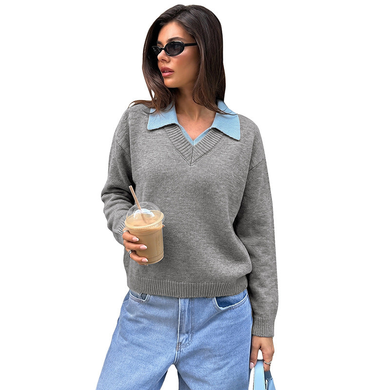 New AutumnWinter Casual Color-Block Long-Sleeved Sweater For Women