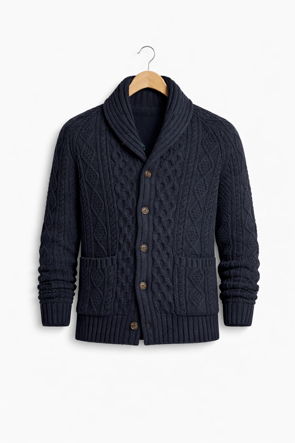 Men’s Cable Knit Cardigan Sweater with Shawl Collar Button Front