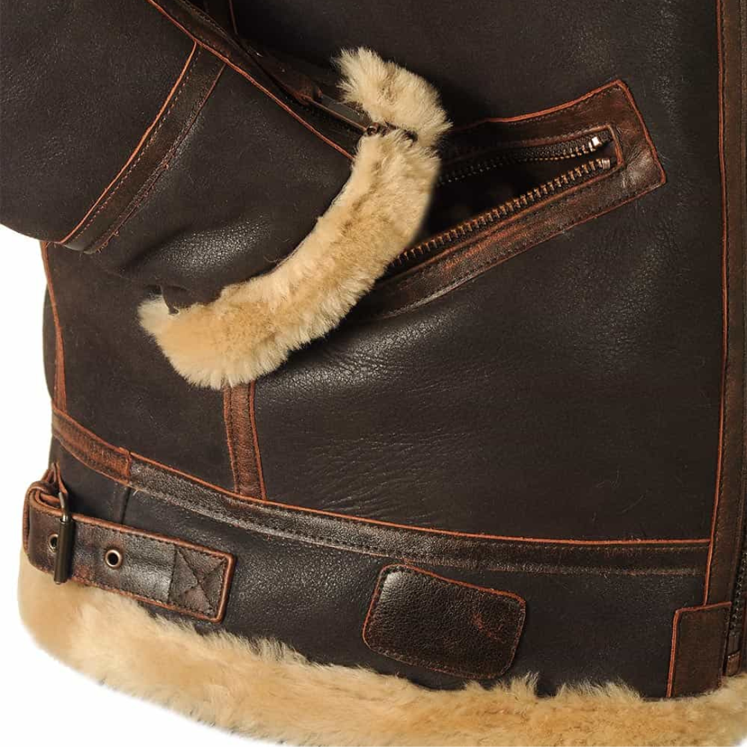 Men’s Dark Coated Textile Aviator Jacket with Shearling Style Collar